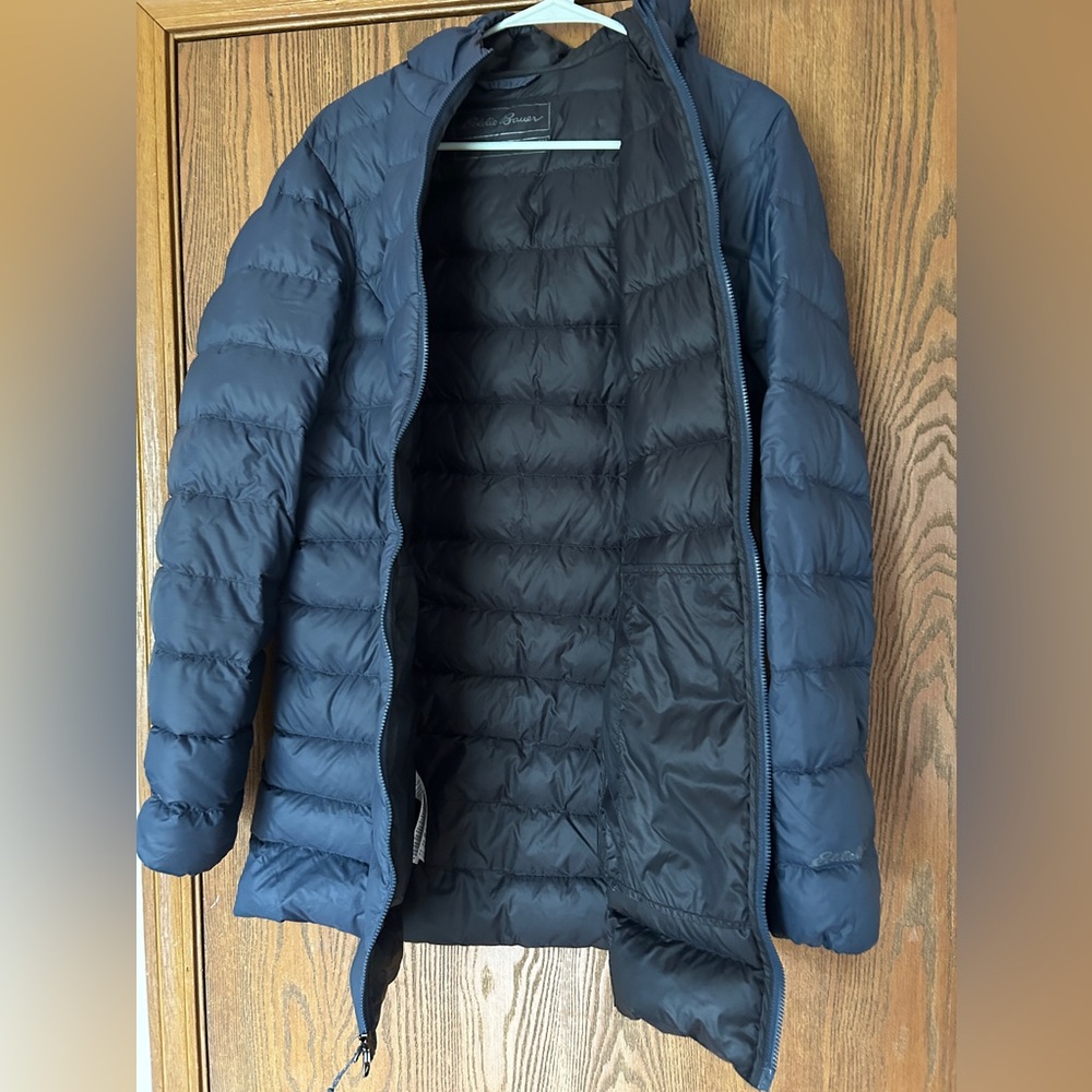 Eddie Bauer Women's CirrusLite Down Parka in navy blue size MEDIUM TALL.